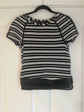 Tart Black & White Striped Short Sleeve Top with Layered Hem